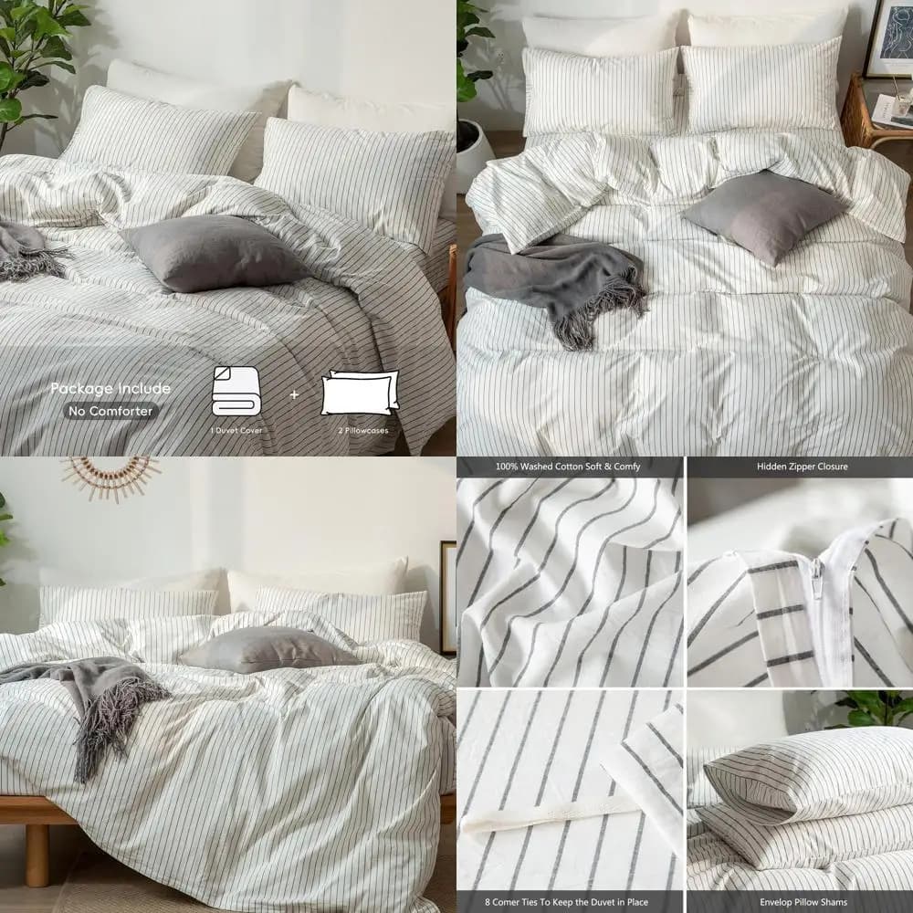 Set copripiumino a righe 100% cotone e lino - Traspirante, morbido e resistente (Bianco e grigio scuro, King oversize, 128x120)