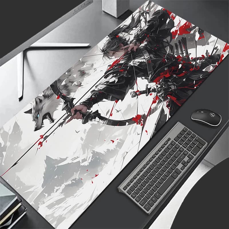 Moon Samurai Wolf Mouse Pad PC Cool Red Anime Boy Keyboard Rug Gamer Cabinet Mousepad Laptop Black And White Extended Desk Mat