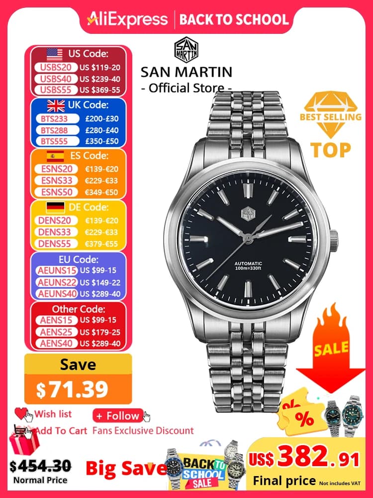 San Martin 36mm 39mm Gada Classic Simple Enamel Dial Miyota 90S5 Design Originale Orologio Meccanico Automatico da Uomo SN0144