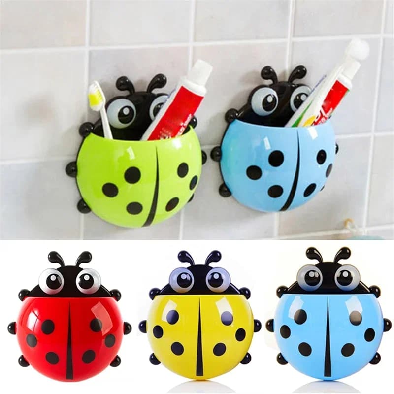 Spazzolino da denti Dentifricio Porta ventosa da parete Contenitore Organizzatore, Coccinella Animale Insetto Cartone animato, Bagno, 1 pz