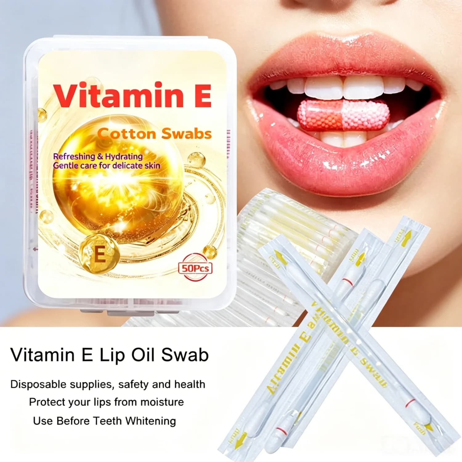 50Pcs Vitamin E Swabs Breakable Sticks Moisturizing Lip Teeth Whitening Oil Applicator Oral Care First Aid Disposable Safe
