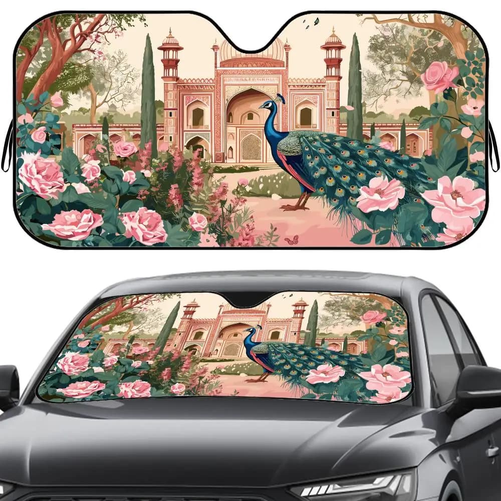 Parasole Mughal Garden con Peacock, Riutilizzabile, in Foglio di Alluminio, Protezione UV, Isolamento Termico a Cinque Strati, per Parabrezza