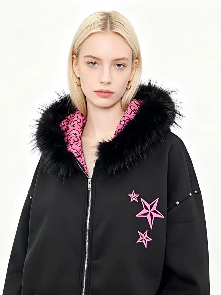 Felpa con cappuccio oversize da donna con zip e pelliccia, stampa stelle rosa Y2K, borchie, stile gotico streetwear, giacca invernale