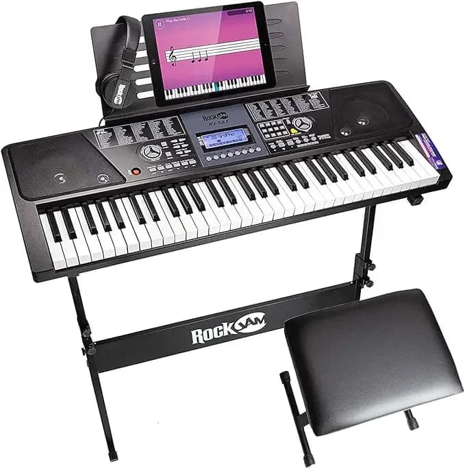 Kit pianoforte con tastiera RockJam a 61 tasti con supporto, sgabello, cuffie, adesivi e lezioni di tasti