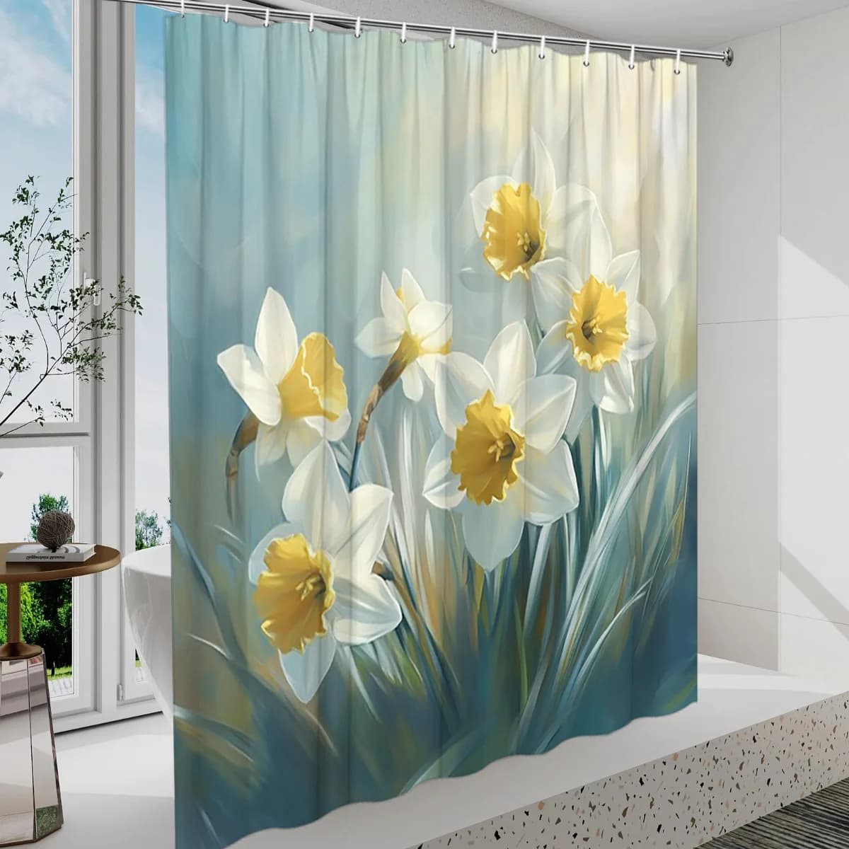 Tenda da doccia con narcisi da 1 pezzo - Fiori bianchi con centri gialli, sfondo morbido pastello, poliestere, lavabile