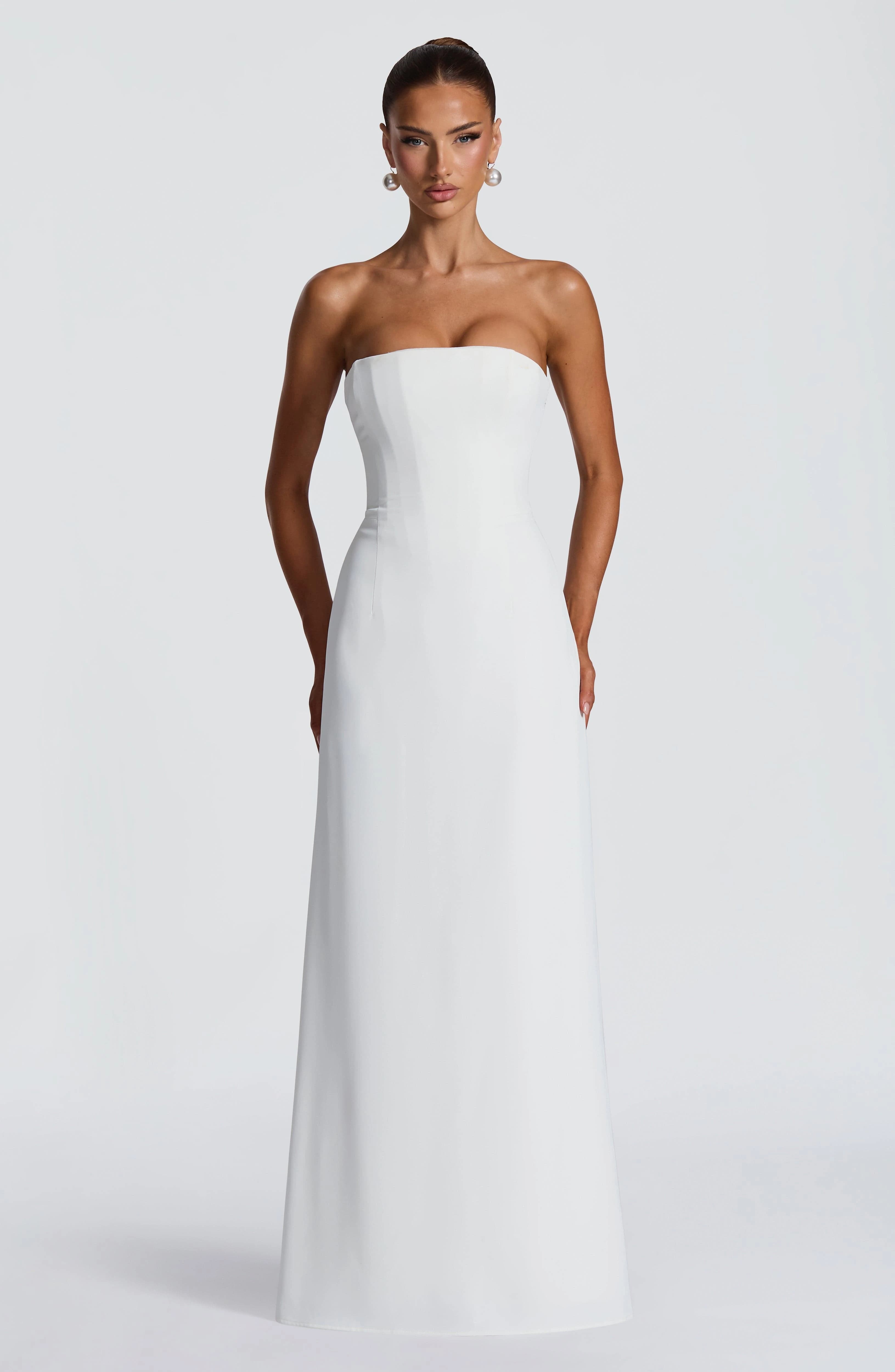 White Strapless Maxi Dress Women Solid Bodycon Lce-up Bandage Long Evening Gown Elegant Wedding Guest Formal Party Prom Dresses
