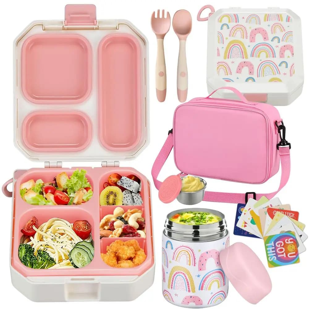 Contenitore Termico per Pranzo Bento per Bambini con Thermos per Zuppa da 12oz, Contenitore Ermetico per Alimenti con 5 Scomparti e Isolamento Termico