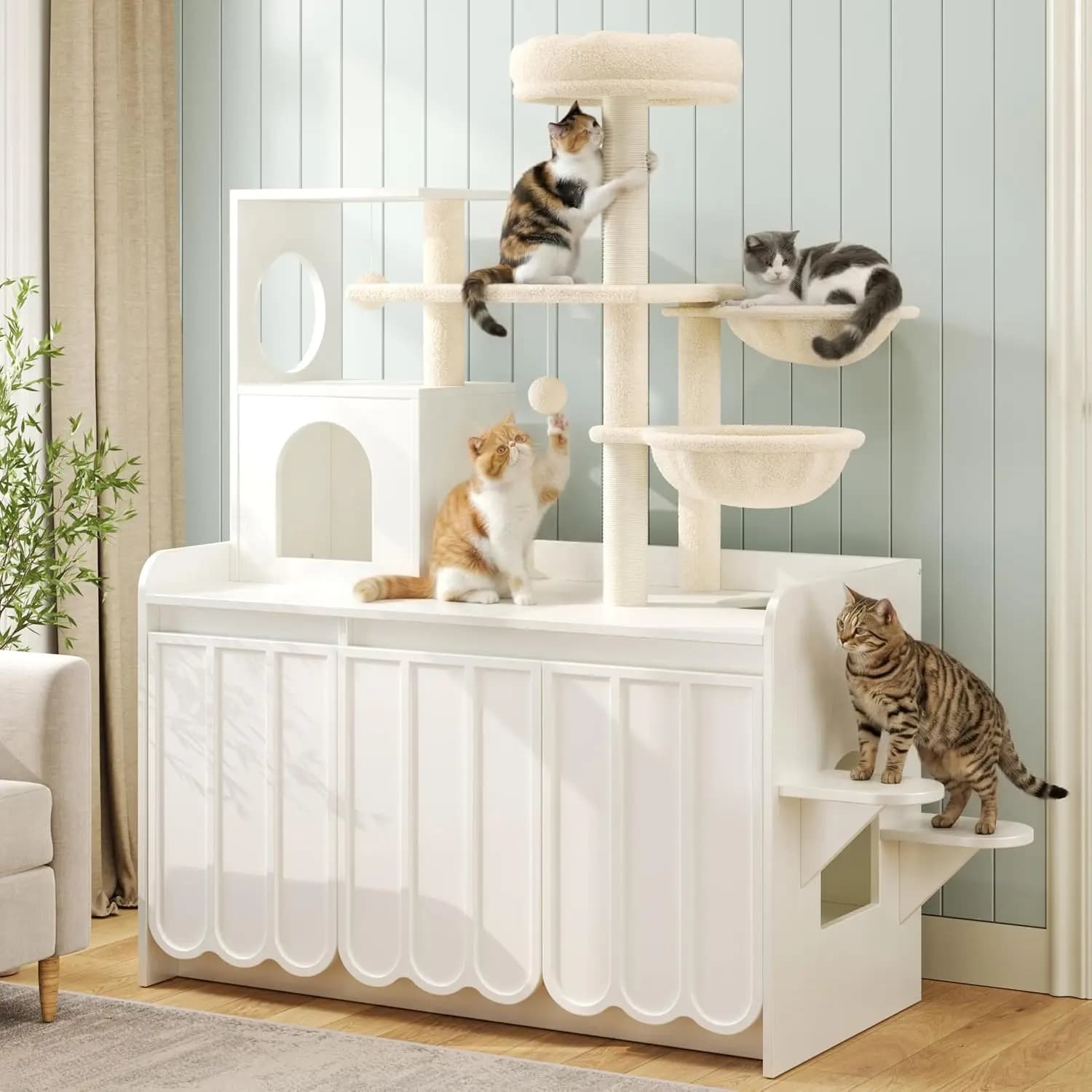 56" Cat Tree with Litter Box Enclosure, Hidden Furniture, Storage & Sisal Post, Condo, Hammock & Perch, White, Customized