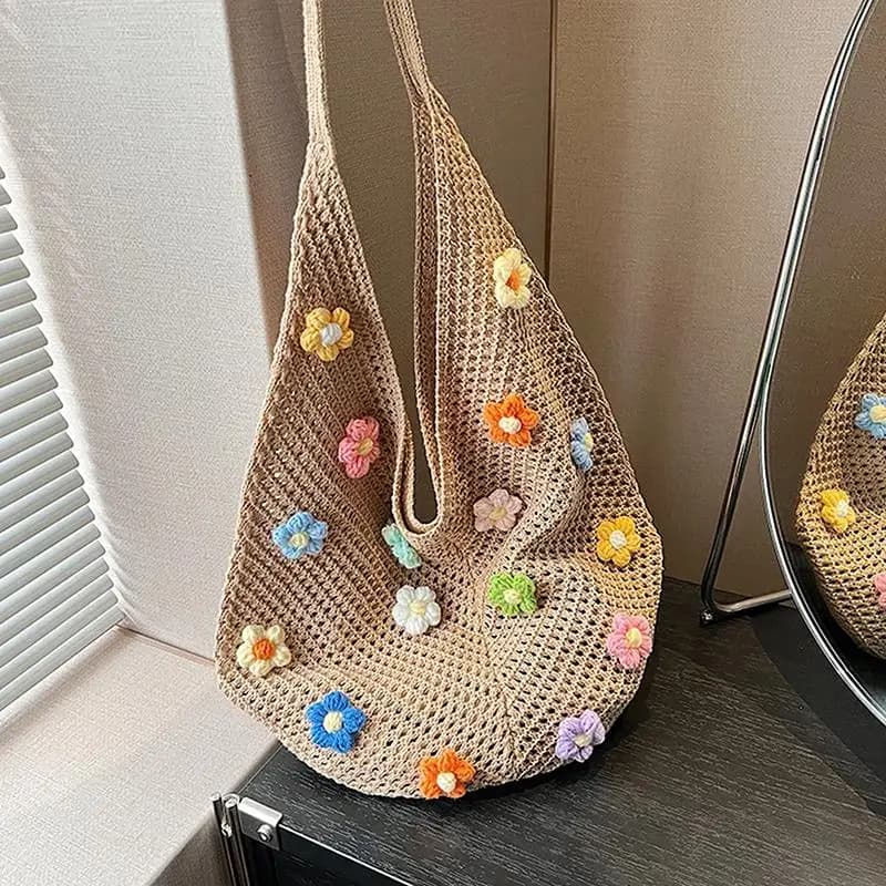 Women Flower Knitted Shoulder Bag Fashion Handbag Lightweight Crochet Tote Bag Casual Top Handle Bag Outdoor Travel Bag