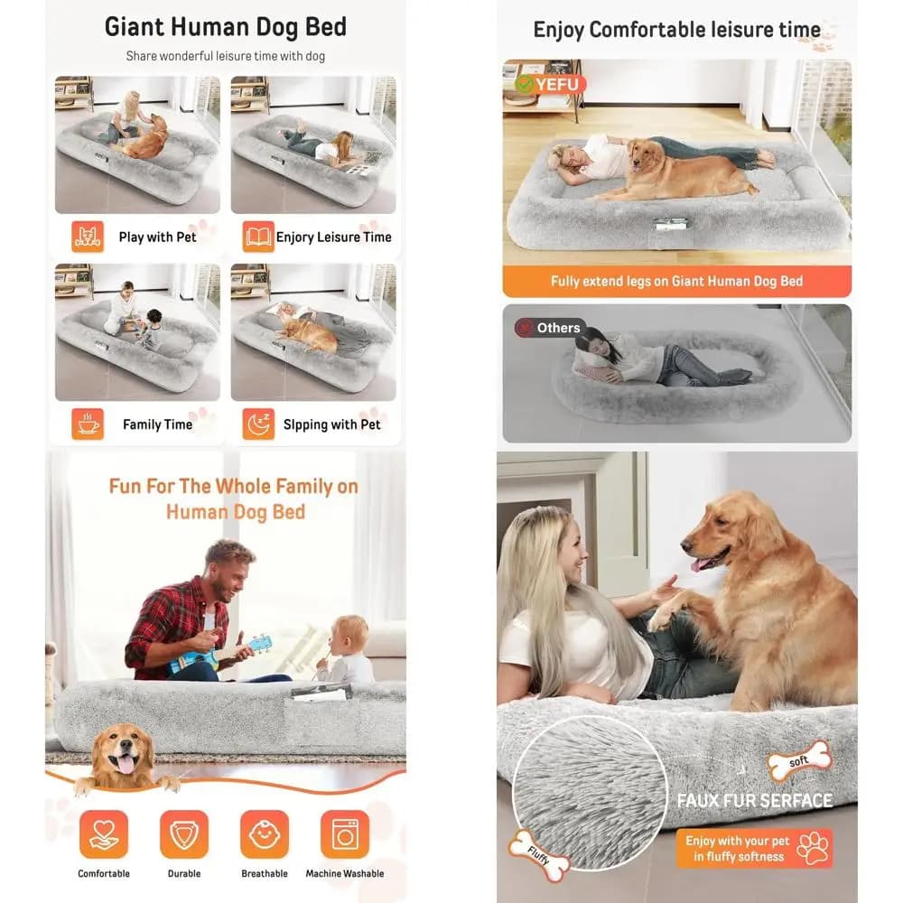 Letto per cani grande di dimensioni umane 79x45x12 - Comodo letto in schiuma lavabile per esseri umani e animali domestici in grigio chiaro