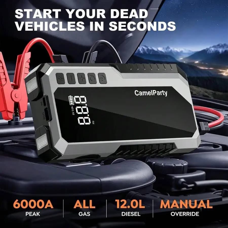 Avviatore di Emergenza Portatile 8-in-1 da 12V per Auto con Compressore d'Aria da 150 PSI, Caricabatterie e Cavi Intelligenti per Veicoli a Benzina/Gas