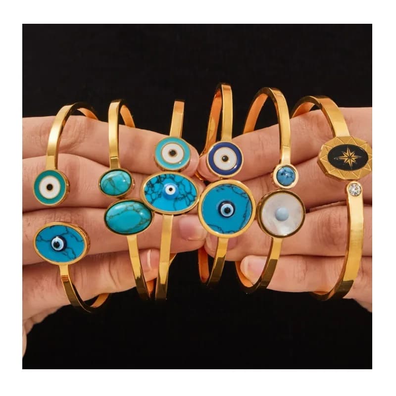 Bracciale a molla rotondo placcato oro con motivo occhio blu creativo, combinazione bracciale in acciaio inossidabile con occhio di demone