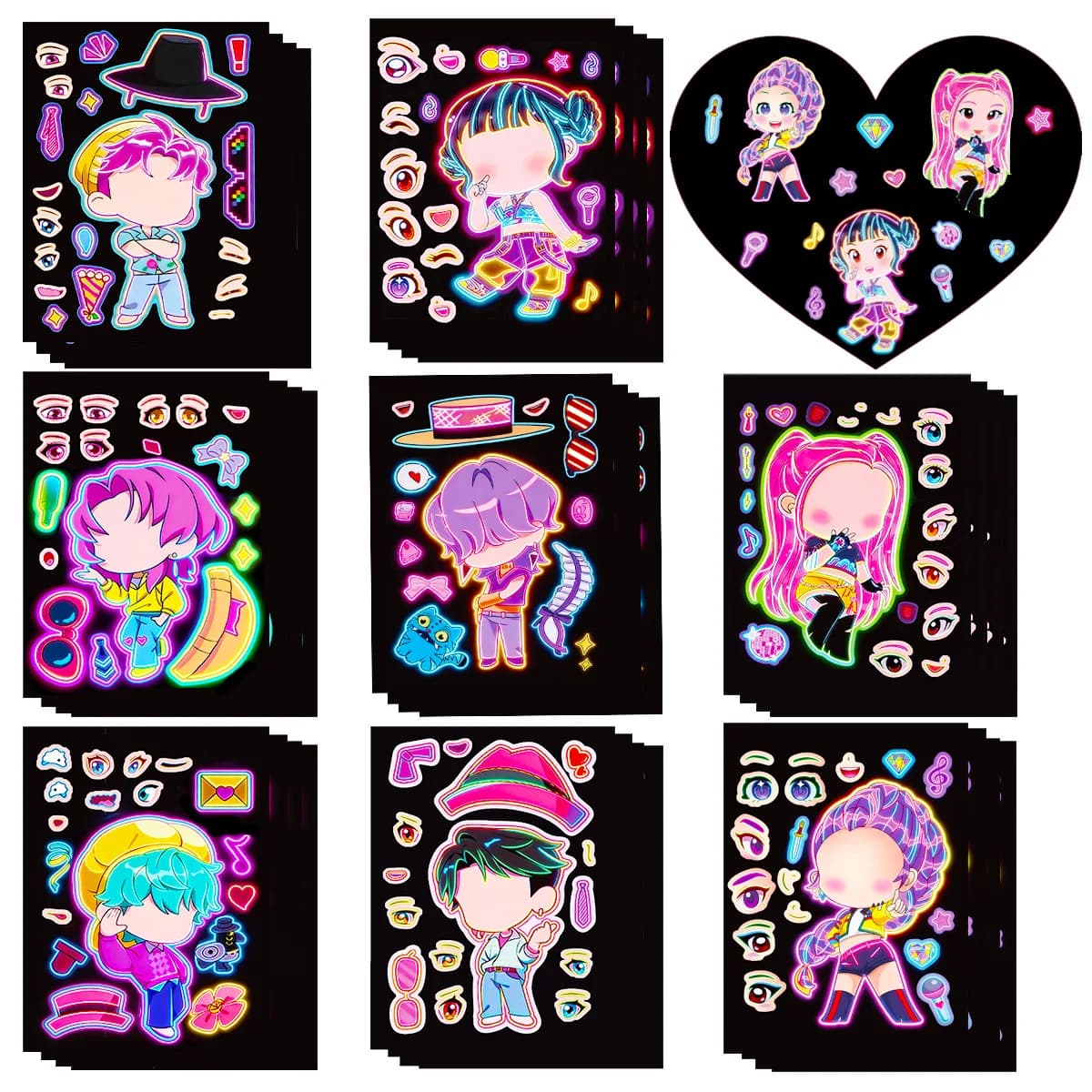 Neon Style Girls Assorted Sticker Set of 8Pcs, Creative DIY Decals, Versatile Ornaments for Scrapbook and Daily Item Decoration