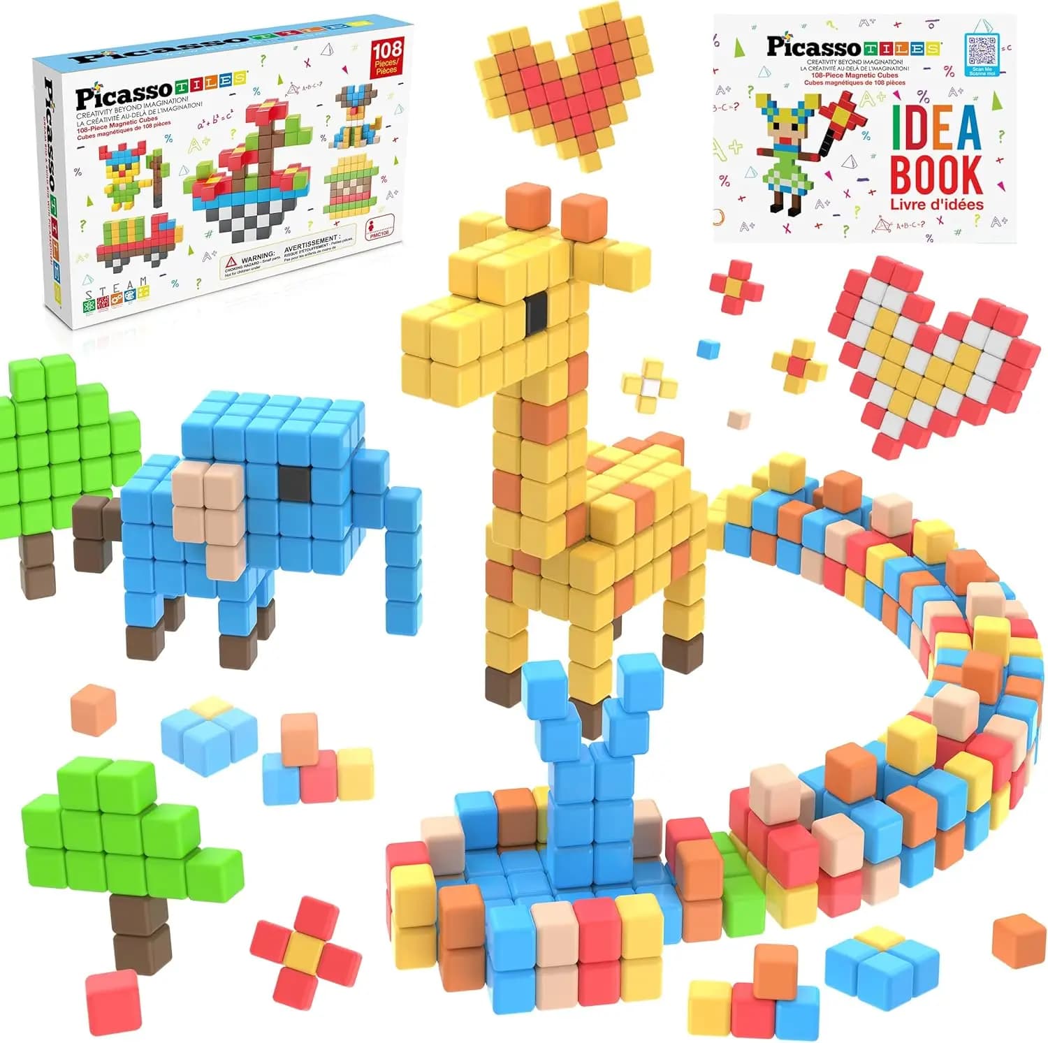 Set di 108 Cubi Magnetici Puzzle, Blocchi da Costruzione per Bambini dai 3 Anni in Su, Gioco Educativo STEM con Libro delle Idee