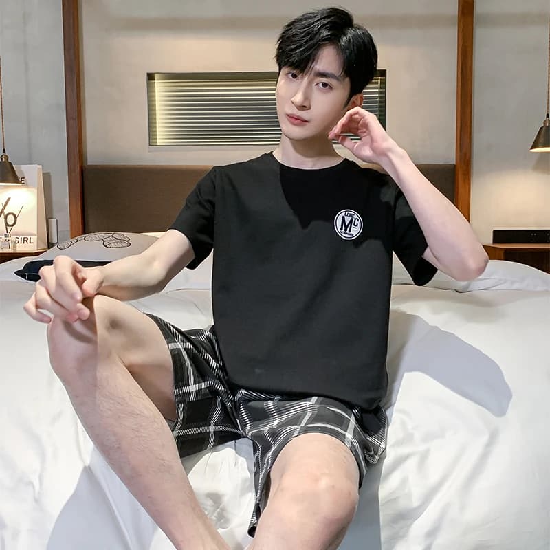 Pigiama Estivo da Uomo, Set con Maniche Corte e Pantaloncini a Righe con Motivi Cartoon, Abbigliamento Casual per Studenti Adolescenti, Comodo per Casa
