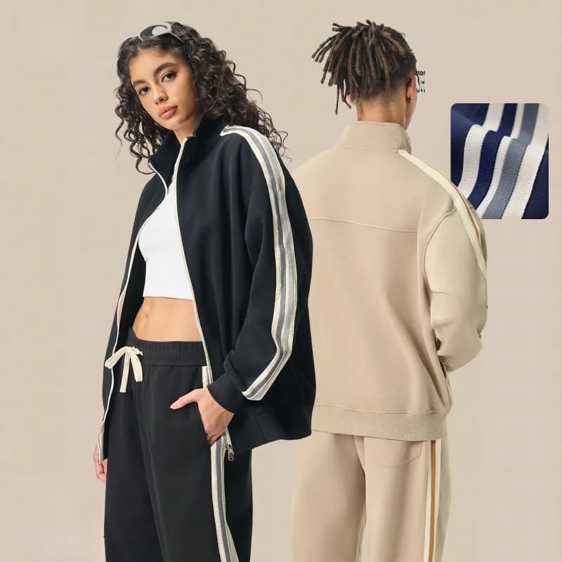 Solid Color Heavy Weight Sweatshirts Men Striped Zip Up Sport Jackets Men's Sets Spring Autumn Casual Jackets Men Clothes Unisex