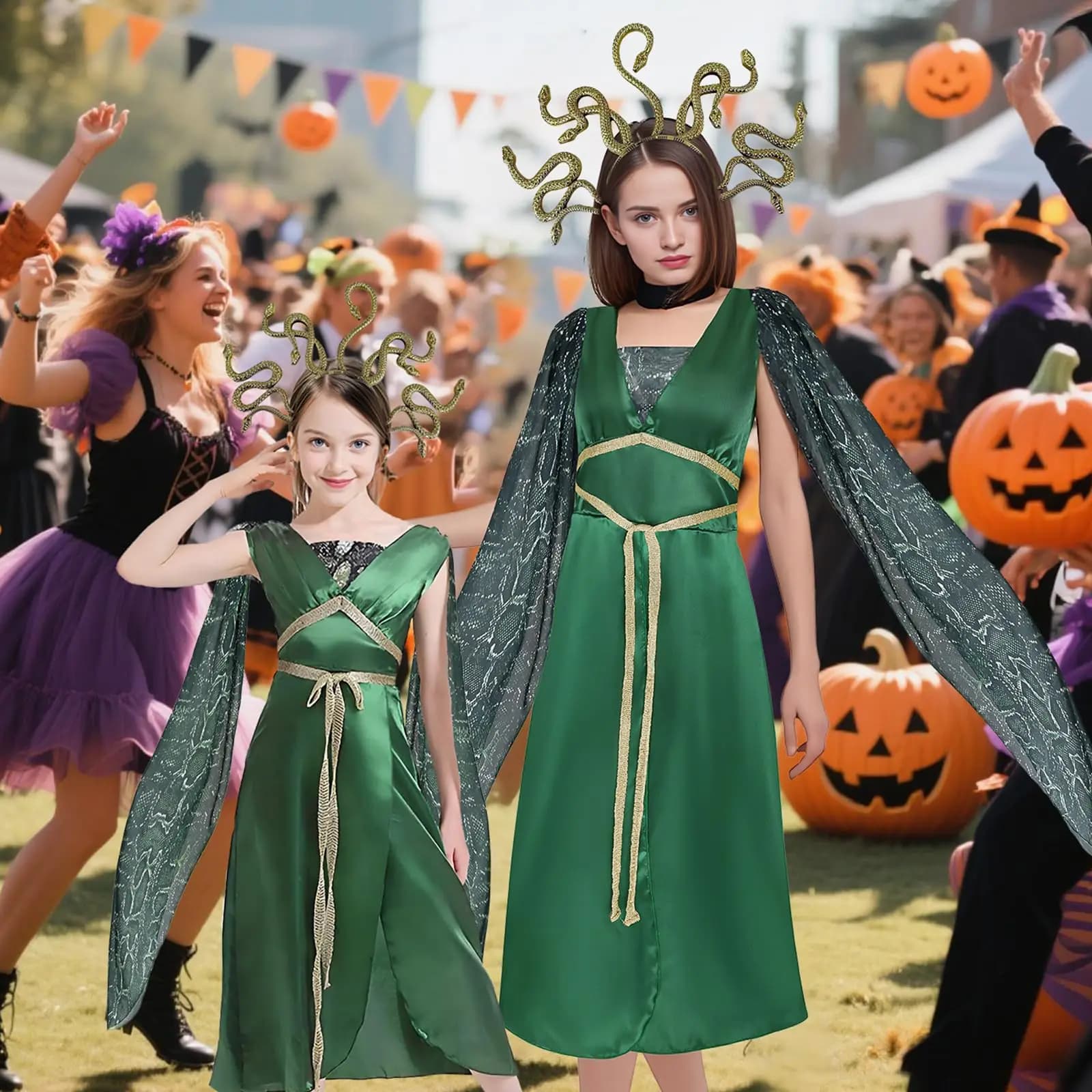 Dea Medusa Abito verde Cosplay Costume da donna Copricapo femminile Gonne Dance Party Perfemence Abbigliamento Abiti di carnevale di Halloween