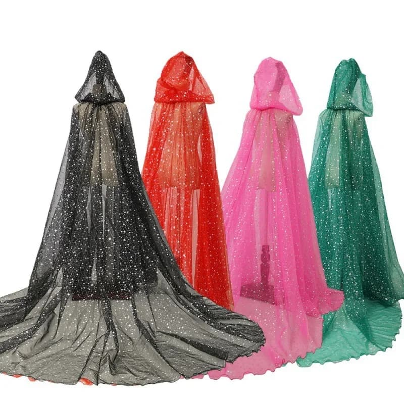 Vintage Wedding Party Sash Cape Long Tail Medieval Fairy Black green Shawl Gothic Wicca Robe Shinny Halloween Witch Cloak Hoode