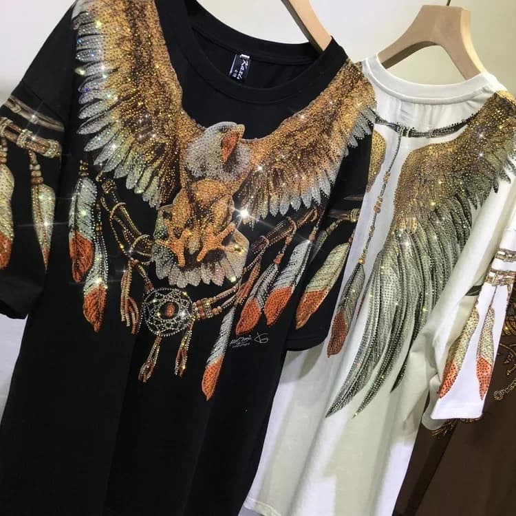 L-4XL Stampa di grandi dimensioni Entrambi i lati Aquila Strass Top T-shirt oversize Donna Manica corta allentata T-shirt grafiche Hip Hop Lady