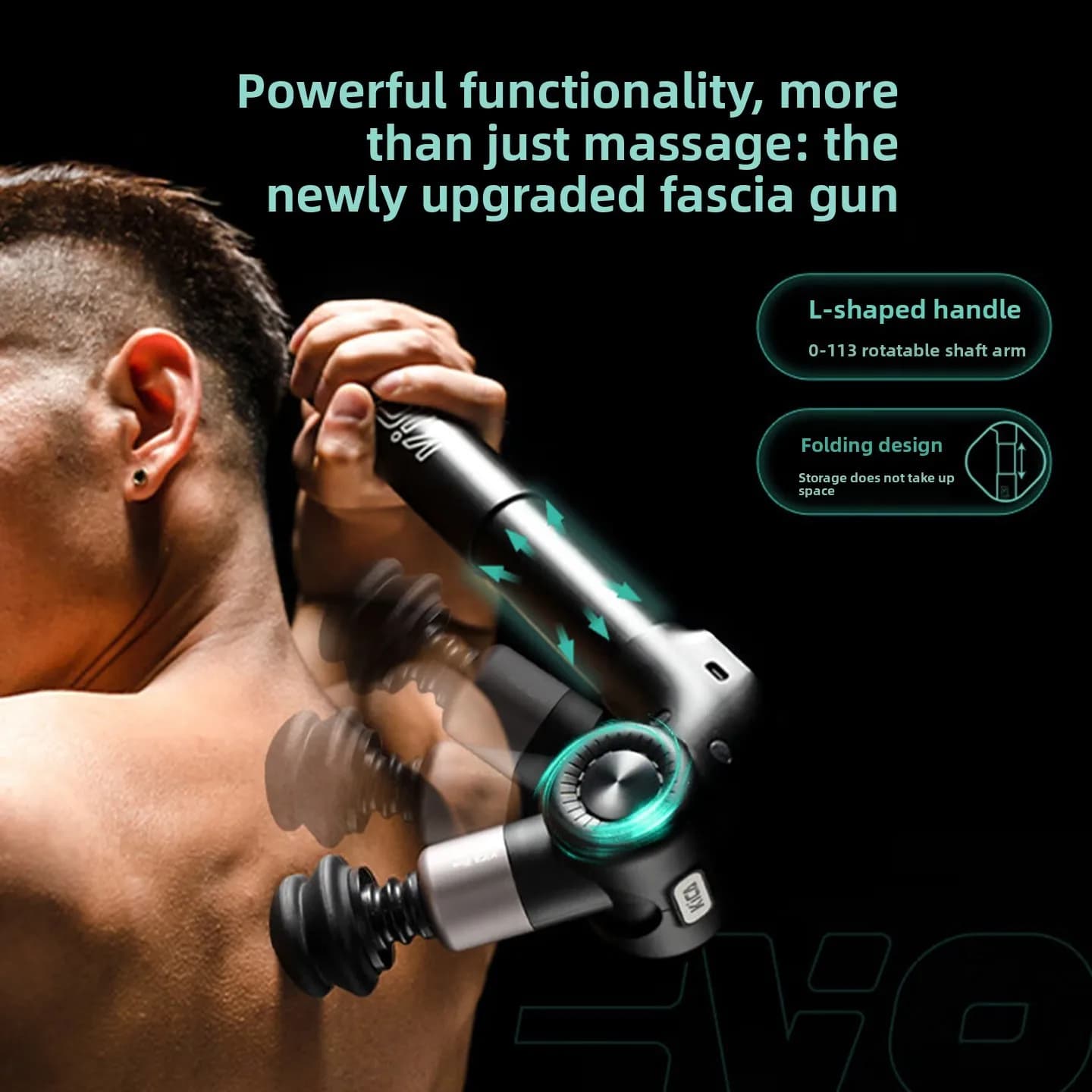 Pistola massaggiante premiumKiCA Evo con impugnatura pieghevole, di livello professionale, per massaggio a caldo, fitness ed esercizio muscolare.