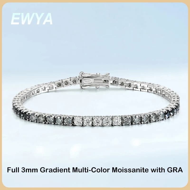 EWYA 3mm 0.1CT Sfumatura di Colore Nero Grigio Bianco Moissanite Bracciale Tennis con Diamanti per Uomo Donna Unisex 925 Braccialetti a Maglia in Argento