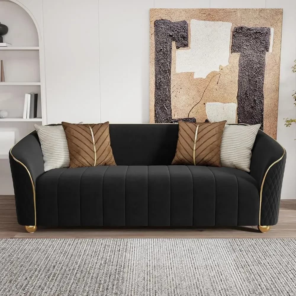 85 Velvet 3 Seater Sofa with Gold Legs and 4 Pillows for Living Room Comfort