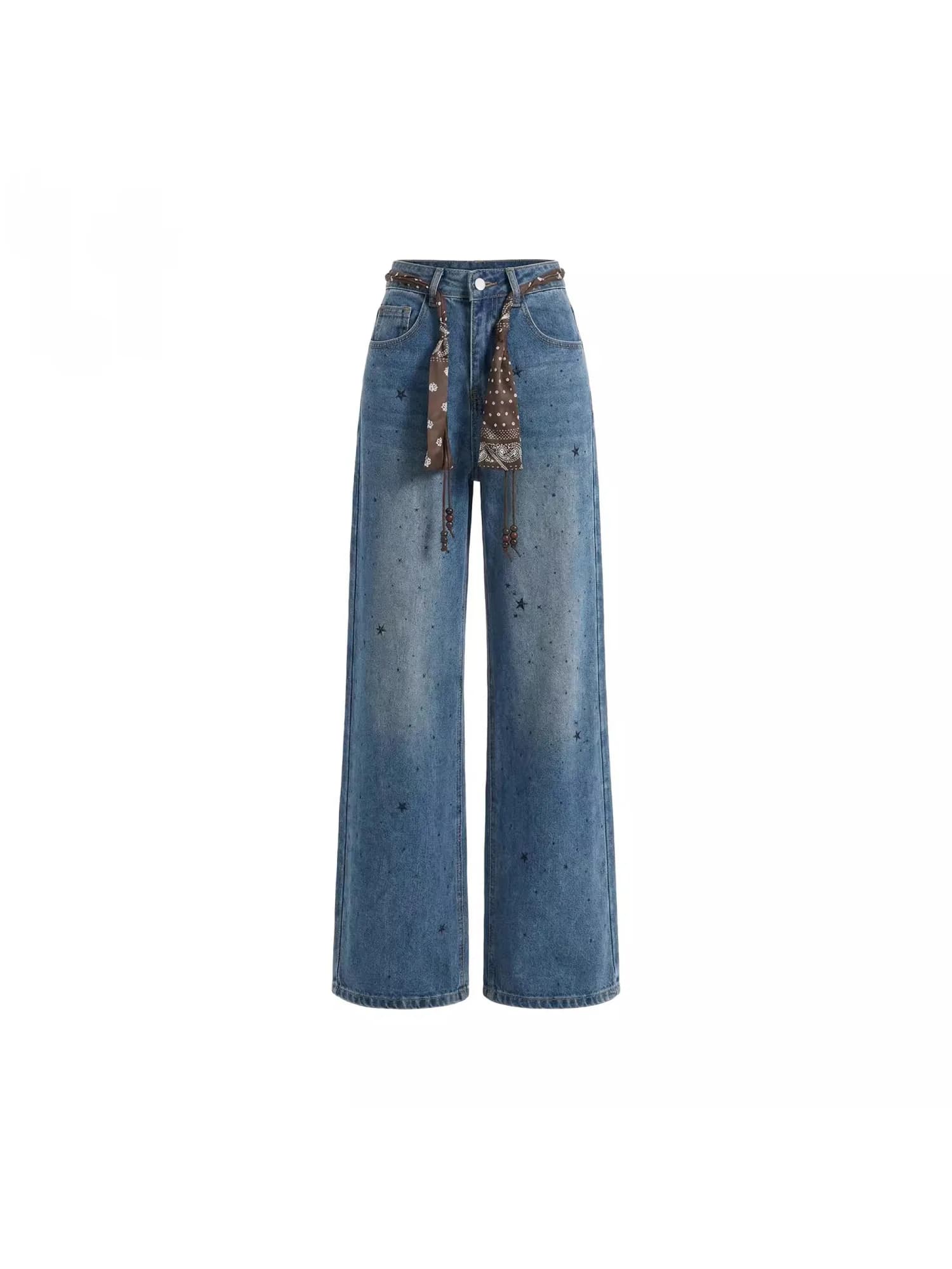 Jeans da donna a gamba dritta in denim glitterato, a vita alta, con cintura, a gamba larga, casual, di alta gamma, effetto snellente, per primavera estate