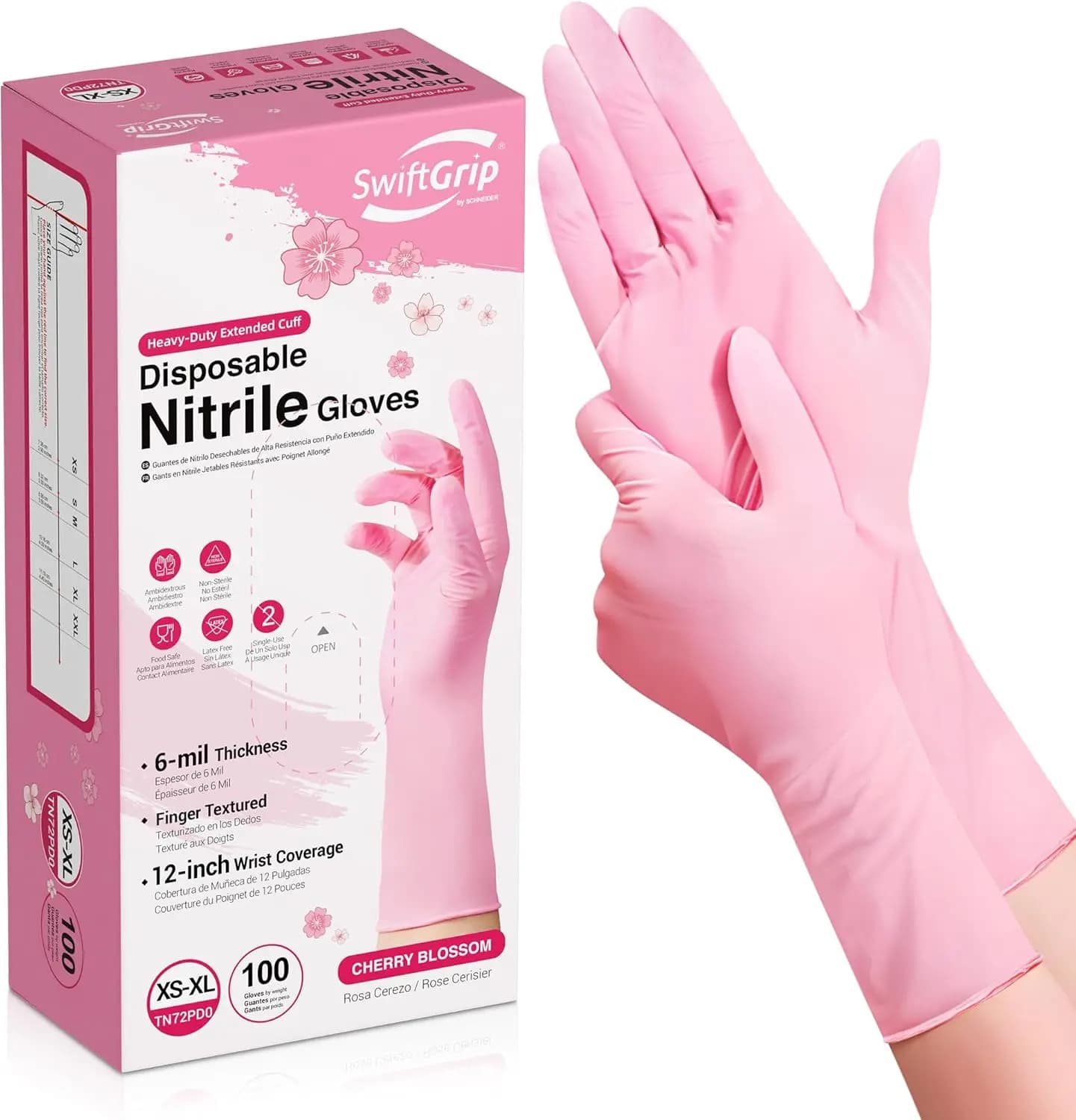 Guanti in Nitrile Monouso con Polsino Esteso, 12 Pollici, Spessore 6 mil, Design Fiori di Ciliegio, Senza Lattice per Lavare i Piatti e Pulizie Varie