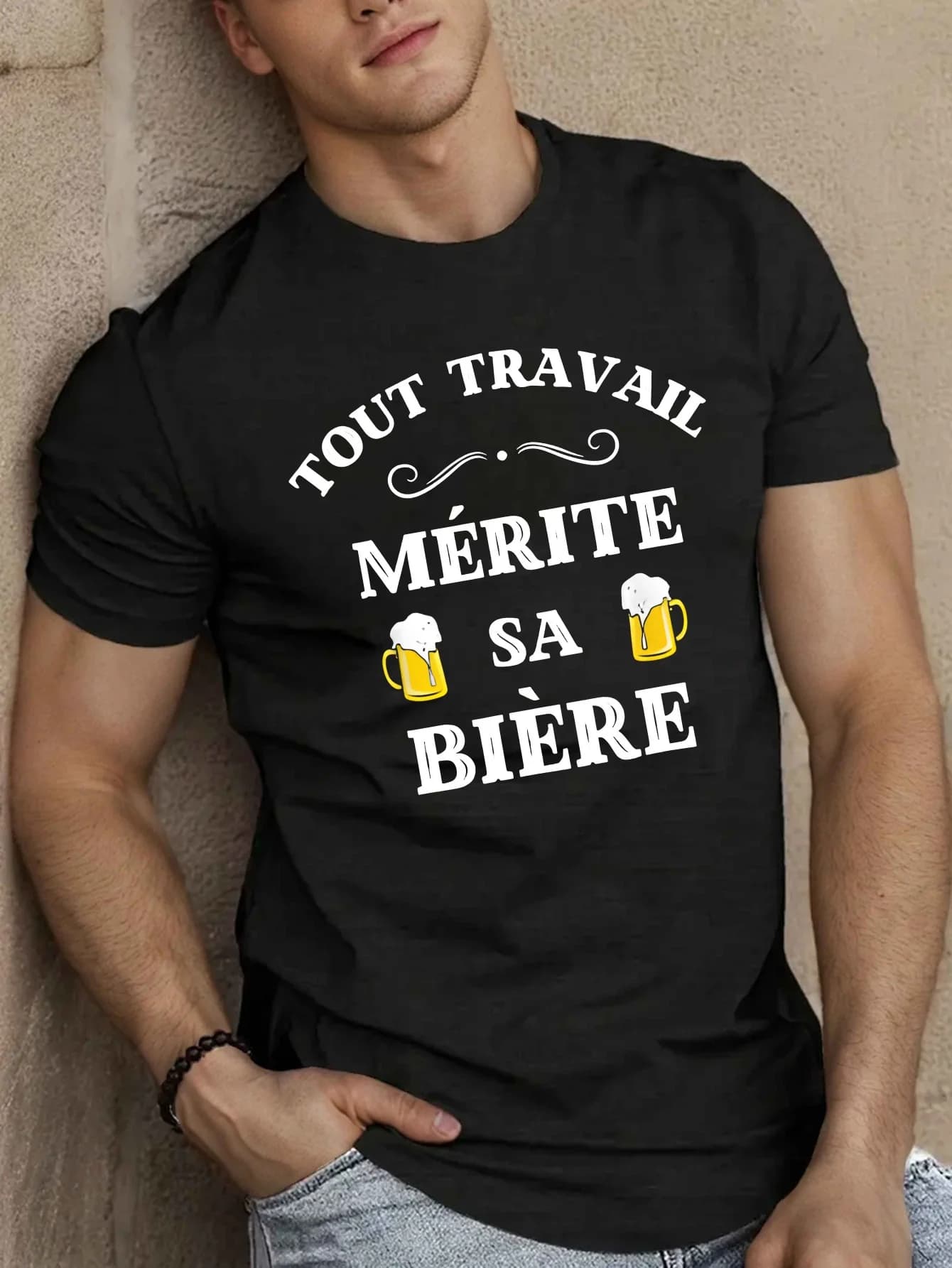 Maglietta casual da uomo a maniche corte con motivo birra francese, con stampa divertente "Tutti i lavori meritano una birra" e illustrazione di una tazza di birra
