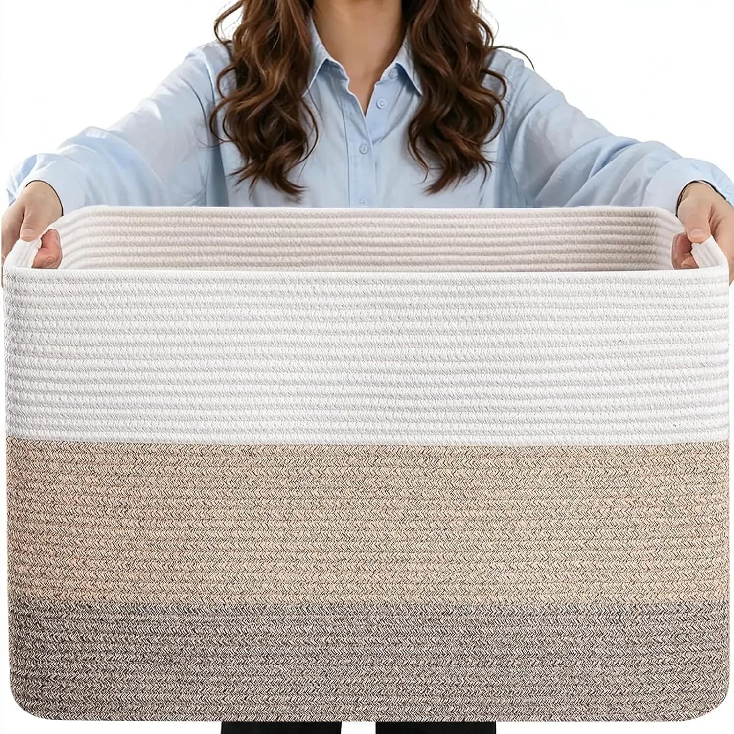 75L Large Woven Storage Basket, Cotton Rope Laundry Hamper with Handles, 22”x17”x12” RecBlanket Basket for Toys, Clothes, Pillow