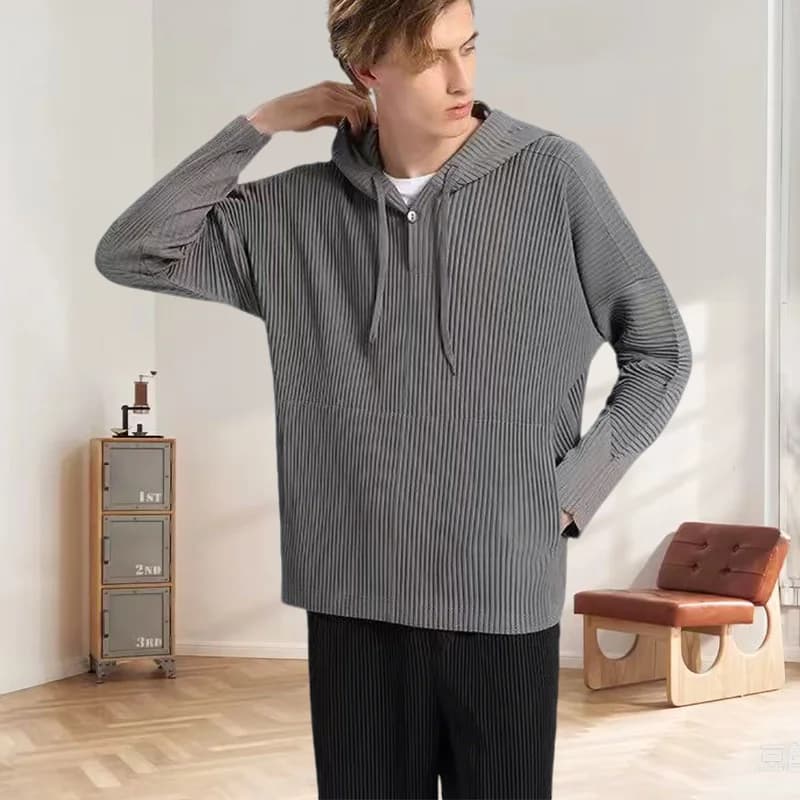 Miyake original men's folded sweater 2025 spring summer long sleeve folding jacket with hood casual loose solid pleated jacket