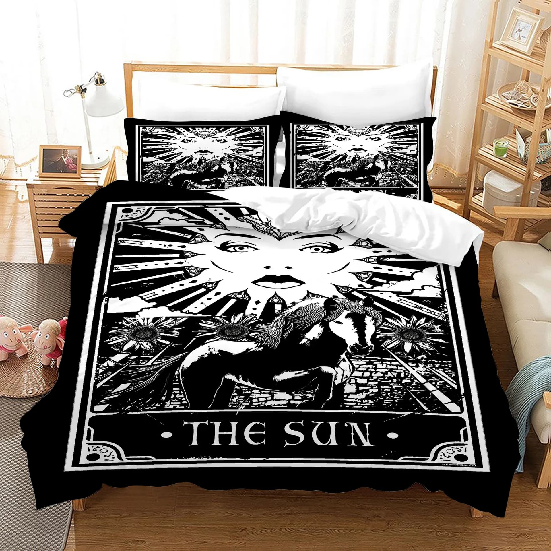Set copripiumino in poliestere con carte dei tarocchi King Size Sun Nero Bianco Strega Wicca Elemento per predizione del futuro per set biancheria da letto per ragazzi e ragazze