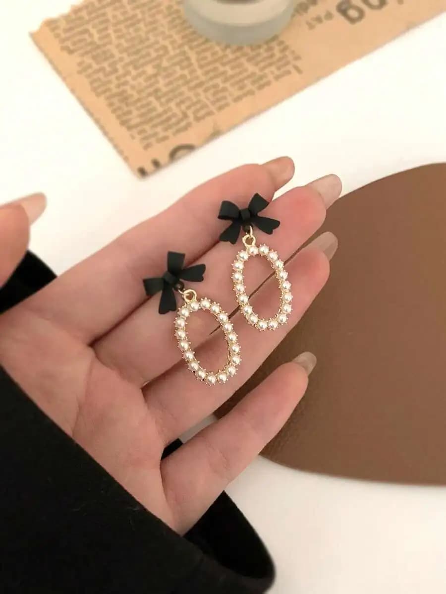 Bow And Faux Pearl Drop Earrings For Women