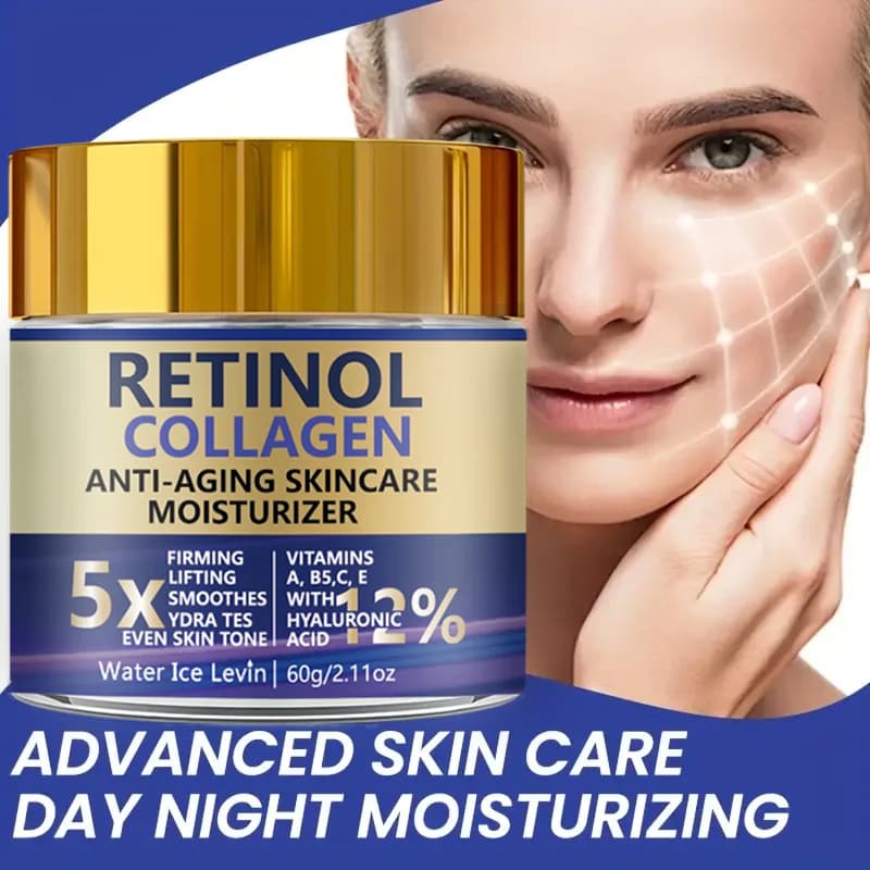 Retinolo Collagene Acido Ialuronico. Crema Idratante Anti-Età 5X Effetto Rassodante e Lifting Tono uniforme della pelle. Vitamine A B5 C E Pantenolo. 60g