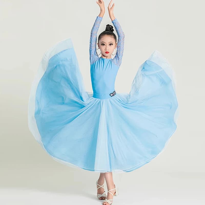 Abito da ballo da sala blu per ragazze valzer vestito da performance moderno con maniche in pizzo gonna body set abito da competizione standard VDB7971
