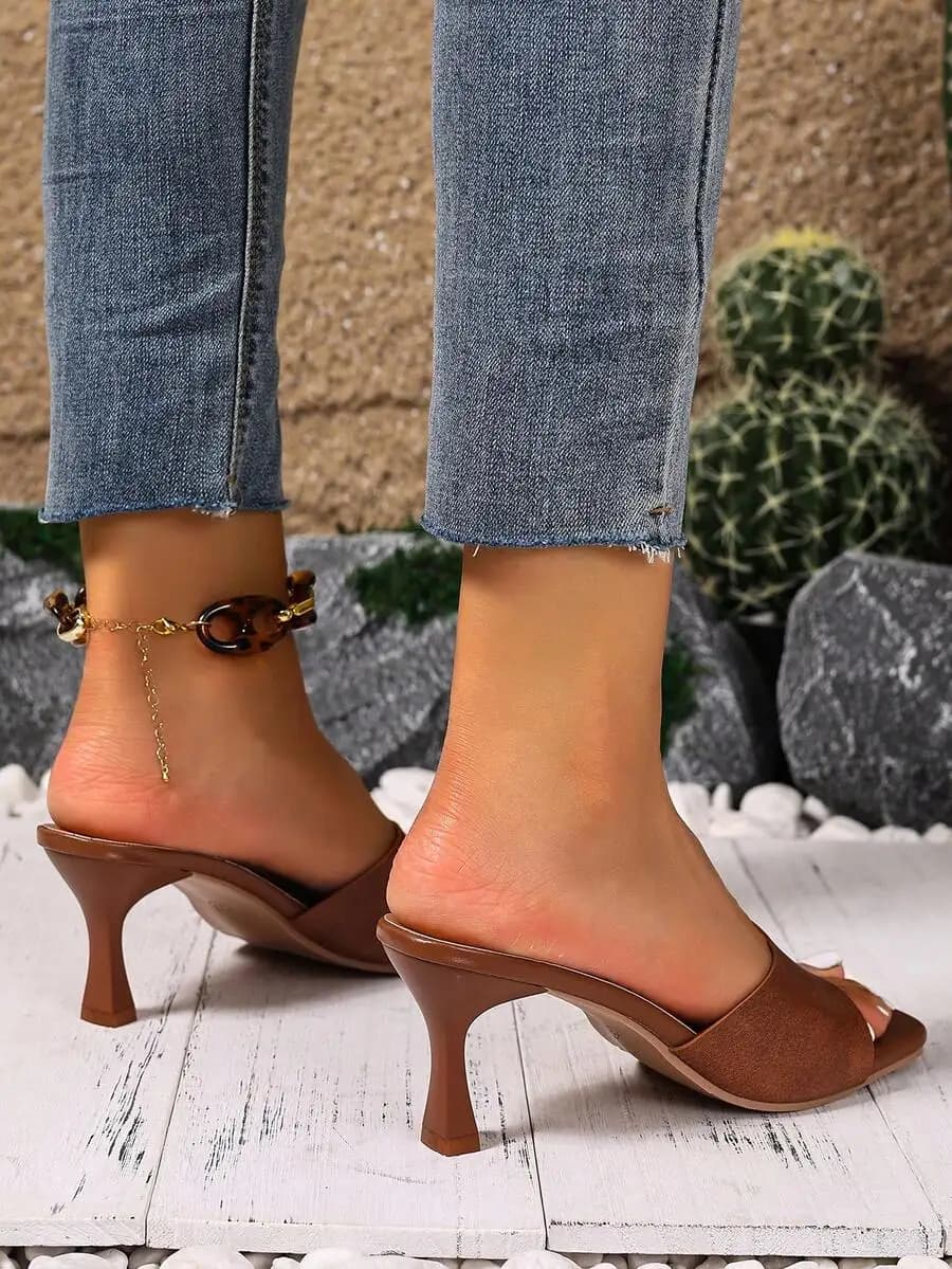 Brown PU Leather Slip-On Mules With Chain Anklet, High Heel Sandals For Party Casual Outdoor