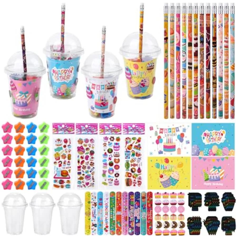 24 Birthday Party Favors Stationery Gifts Set, Happy Birthday Party Favors Return Gifts Include Cup Card Scratch Art Kit Pencil