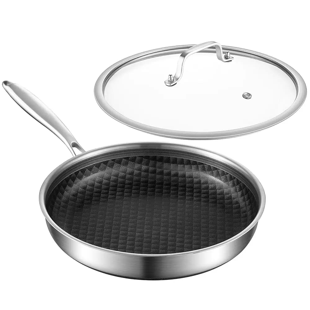 Set di Padelle Antiaderenti da 10 Pollici, Padelle in Acciaio Inox con Rivestimento Ceramico, Set di Padelle Tri-Ply con Coperchio, Cool-