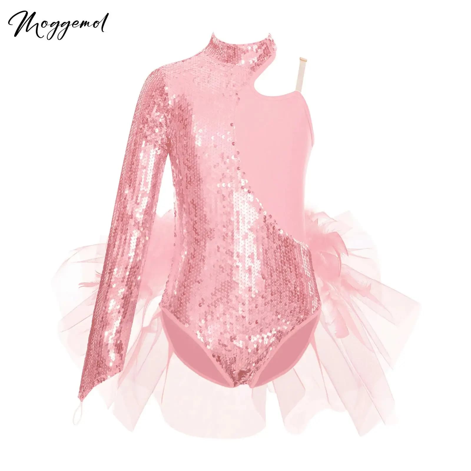 Bambini Ragazze Balletto Danza Body Pattinaggio di Figura Ginnastica Asimmetrico Spalla Costume Paillettes Piuma Tutu Con Gonna Body