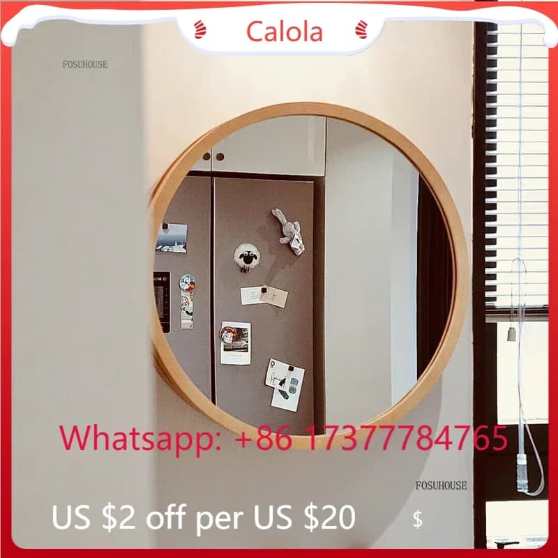 Mobile da Bagno a Parete in Legno Massello con Specchio Rotondo, Armadietto Moderno per Casa e Dormitorio