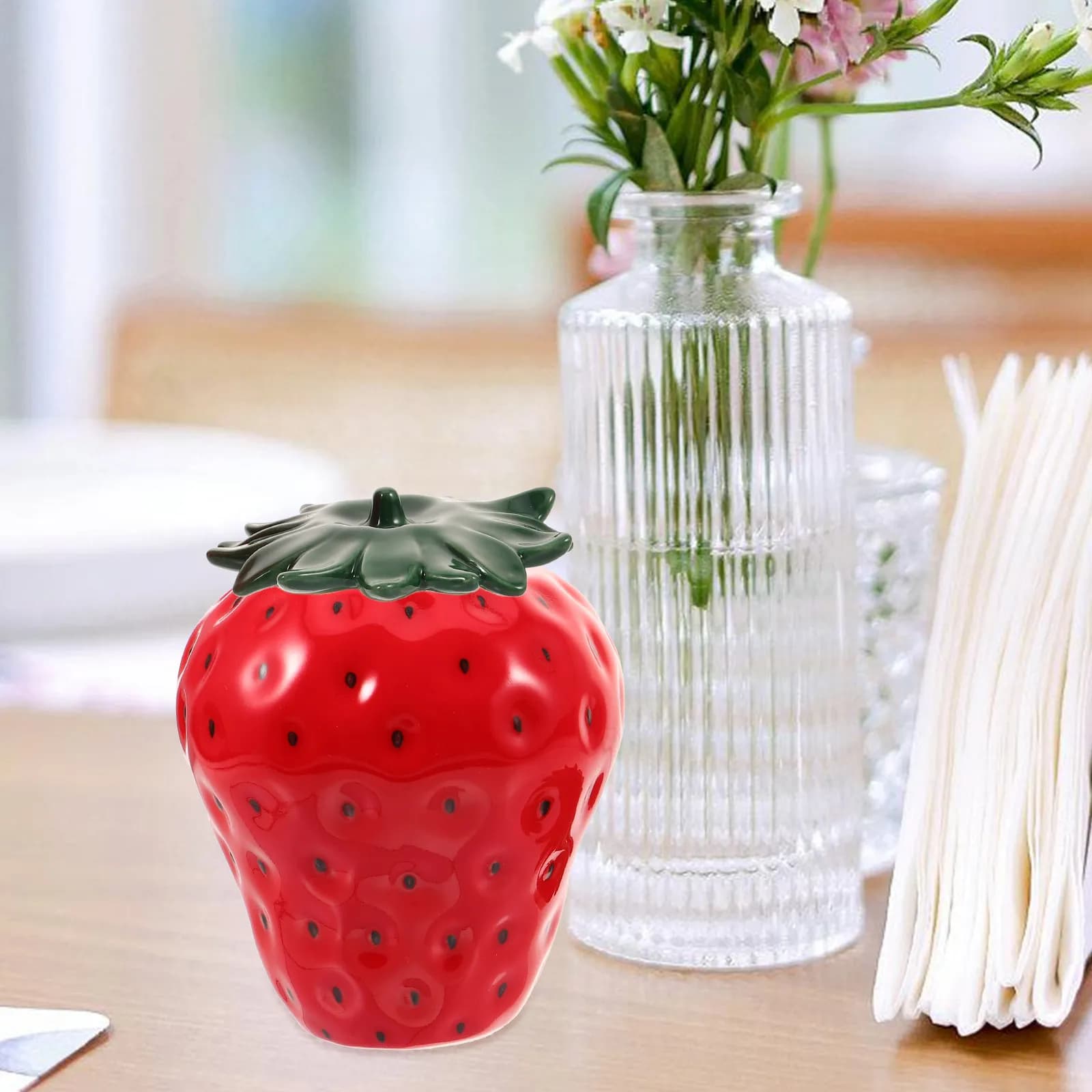 Ceramic Strawberry Tea Jar with Airtight Lid Food Safe Storage Container for Tea Coffee Sugar Cookies Spices Decorative Kitchen