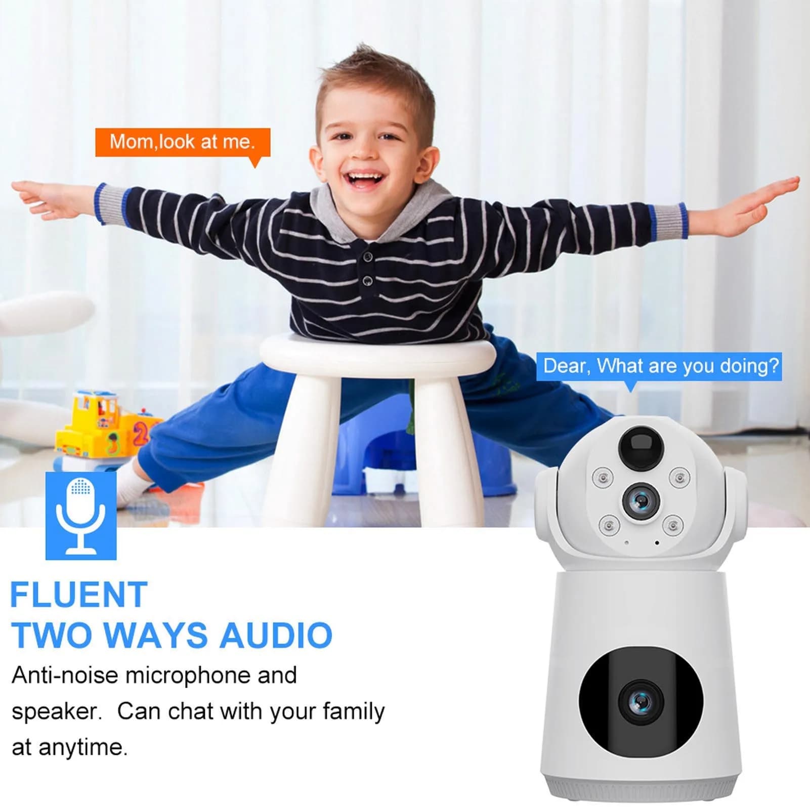 Telecamera di Sicurezza Wireless WiFi 360° ° Telecamera a Doppia Lente con Rilevamento di Movimento Rotante per Interni ed Esterni