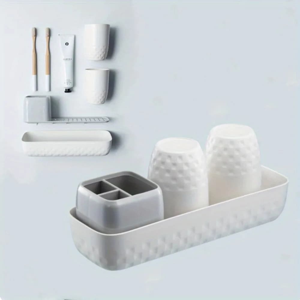 Portaspazzolini per il Bagno Familiare, Supporta Spazzolini, Dentifricio e Bicchieri, Base Antiscivolo, Set Organizzatore per il Bagno