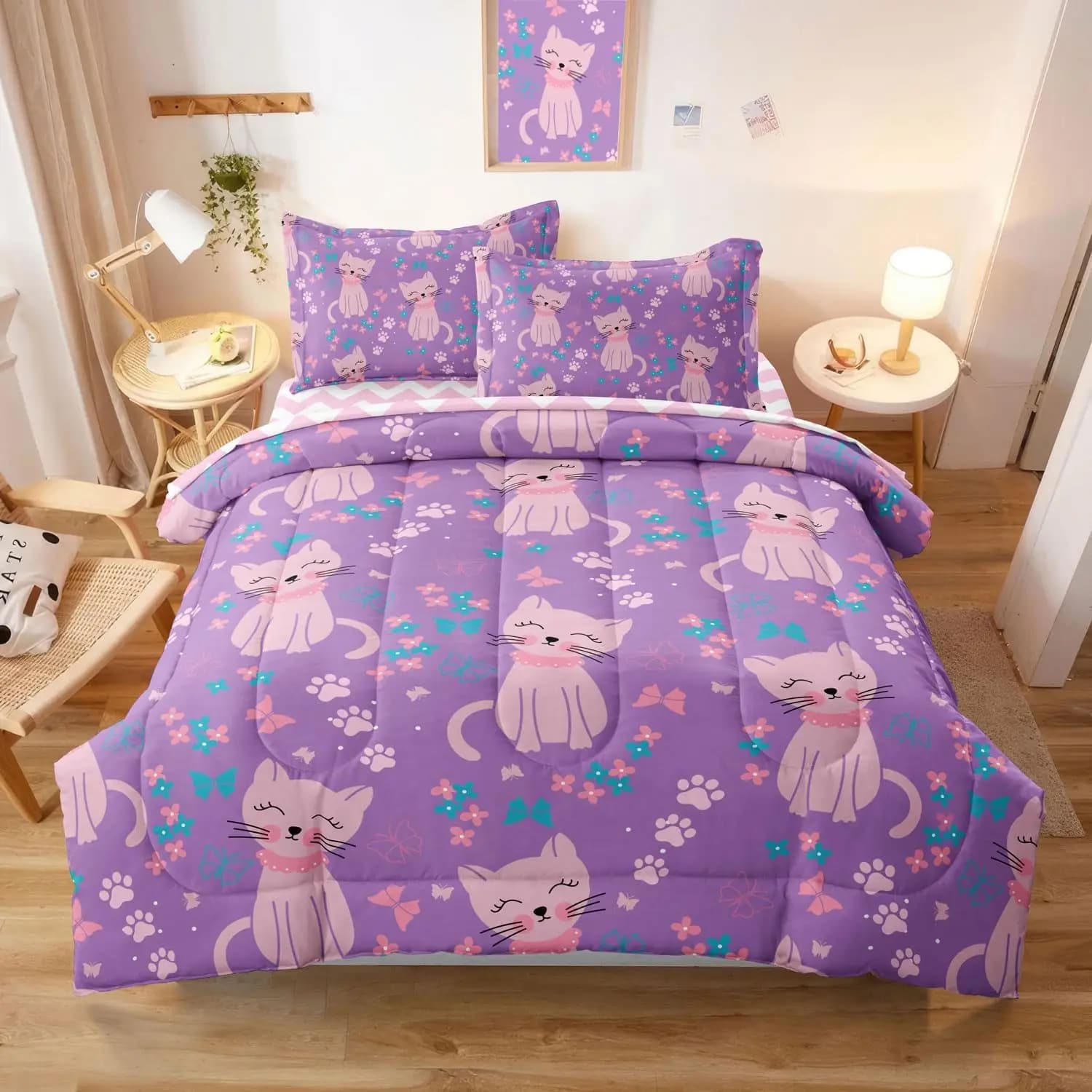 Set Copripiumino per Ragazze a Tema Gatti, 5 Pezzi, Misura Full Size, con Gatti Rosa Cartoon, Include Copripiumino, Lenzuola, Federe