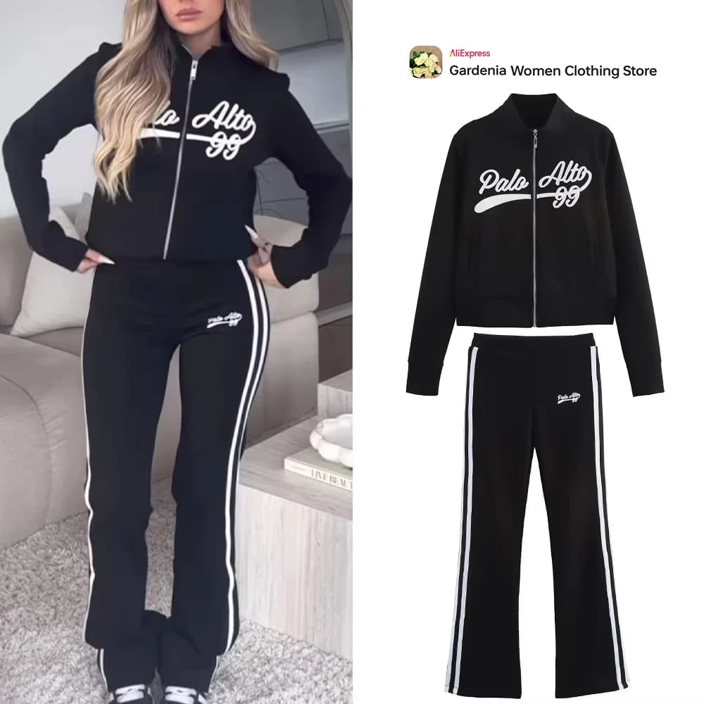Casual Women's Black Varsity Sport Set High-neck Embroidered Zipped Jacket Matching Flared Pants with Contrasting Side Stripes