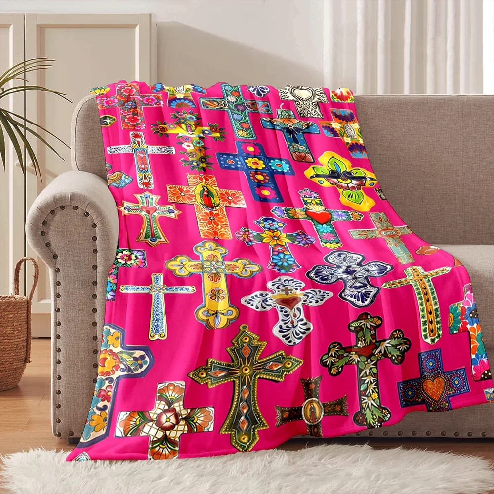 Collezione di coperte in flanella colorate con stampa Faith, morbide e calde, adatte per casa, viaggi, picnic, campeggio, camper.