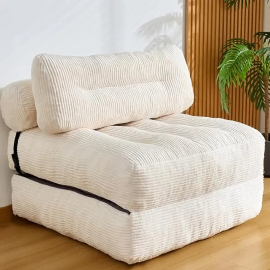 Folding Sofa Bed for Living Room Bedroom, Faux Rabbit Fur, Cream, Convertible Sleeper Chair with Back Support, Comfy Floor Couc