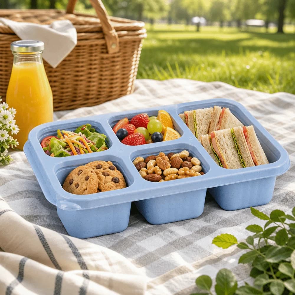 Contenitori per Alimenti in Plastica, Scatola Pranzo con Coperchio Trasparente, Contenitore Riutilizzabile per Alimenti con 5 Scomparti, Scatola per Frutta a Prova di Perdite per Bambini
