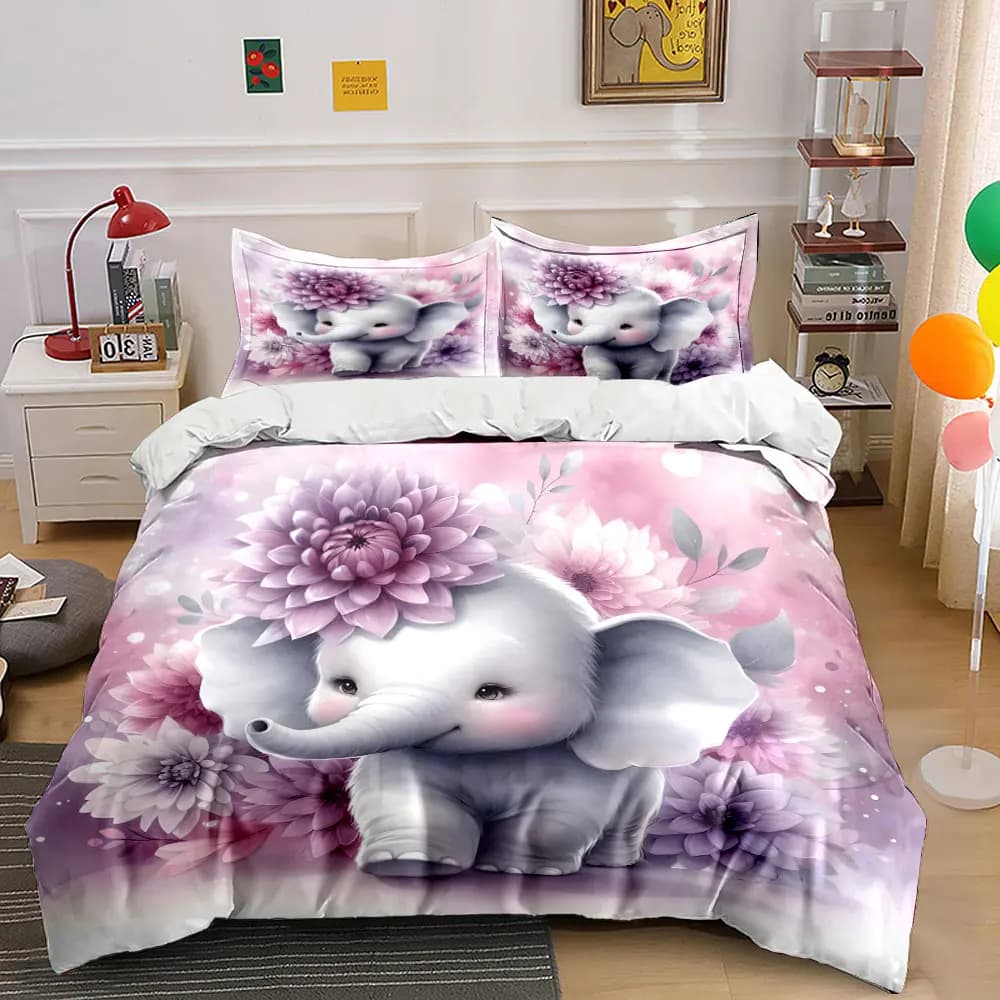 Simpatico elefante con fiori rosa-viola. Set di biancheria da letto con copripiumino morbido e confortevole, include 1 copripiumino e 2 federe.