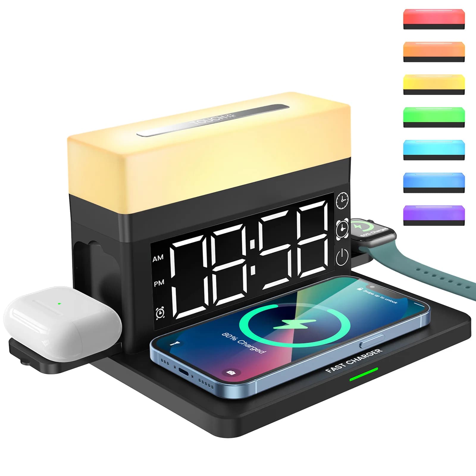 Sveglie digitali da scrivania con ricarica wireless da 15 W per Airpdos Apple Watch Luce notturna 6 in 1 per decorazioni da tavolo, camera da letto, ufficio